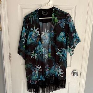 Disney Women's Black and Blue Floral Fringe Kimono Top
